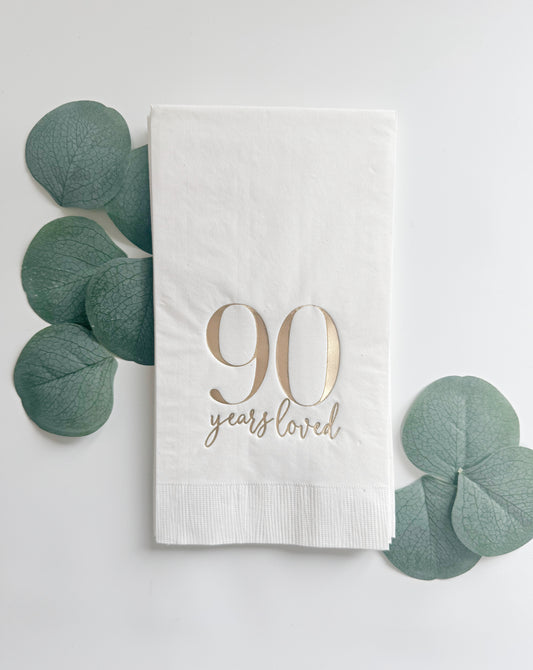 90th Birthday Dinner Napkins Gold Foil 90 Years Loved - 90th Birthday Party Napkins Set of 16
