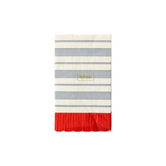 Blue Striped Scallop Dinner Napkin with Red Fringe