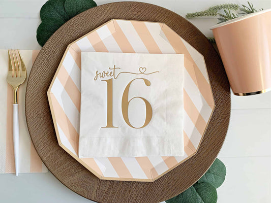Add a touch of elegance to your Sweet 16 celebration with our "Sweet 16 Luncheon Napkins - Gold on White" by EnFete. These high-quality, disposable napkins feature a stunning gold pattern