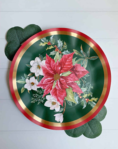 Emerald Green Wavy Dinner Plates with Poinsettia Floral - 8 Pack