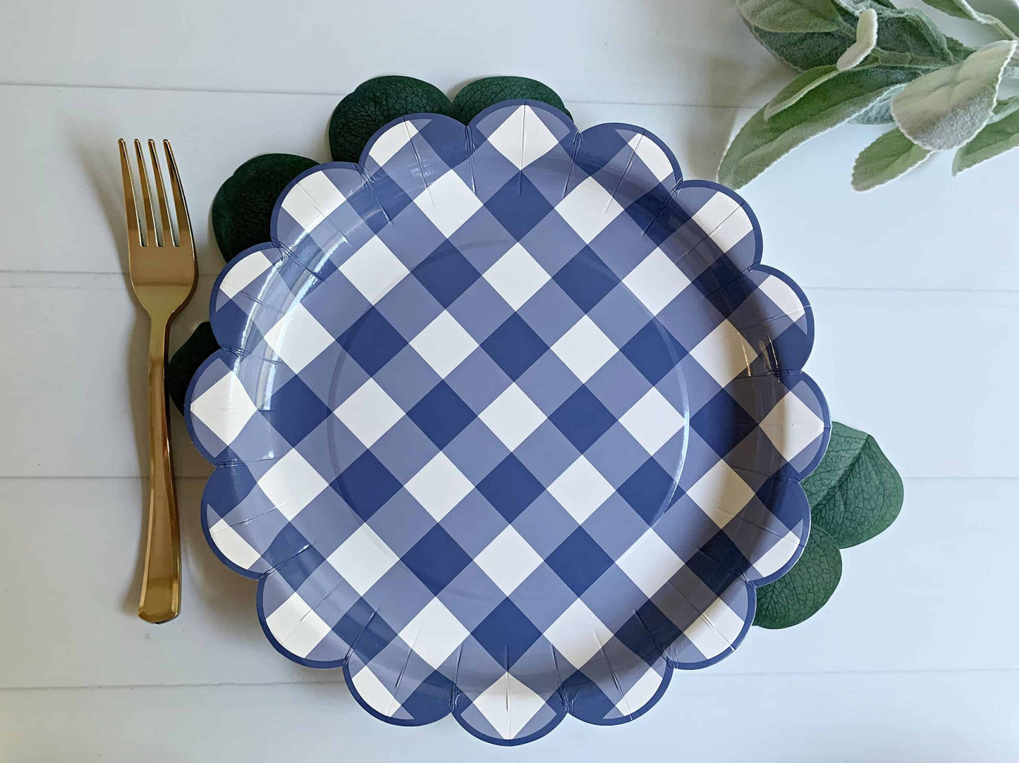 Scalloped Blue Gingham Paper Plates