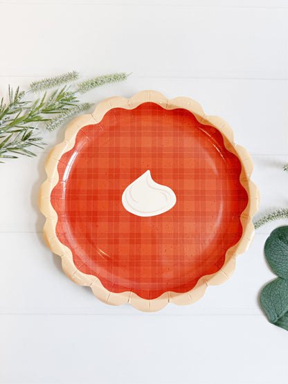 Plaid Pumpkin Pie Shaped Paper Plates - Thanksgiving Dessert Tableware (8 Pack)