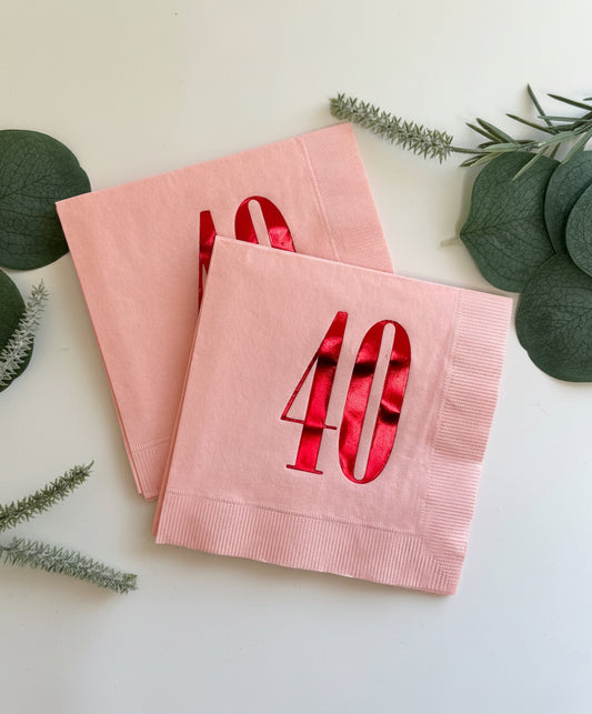 40th Birthday Napkins Pink & Red Foil - Retro Milestone Party - Set of 16