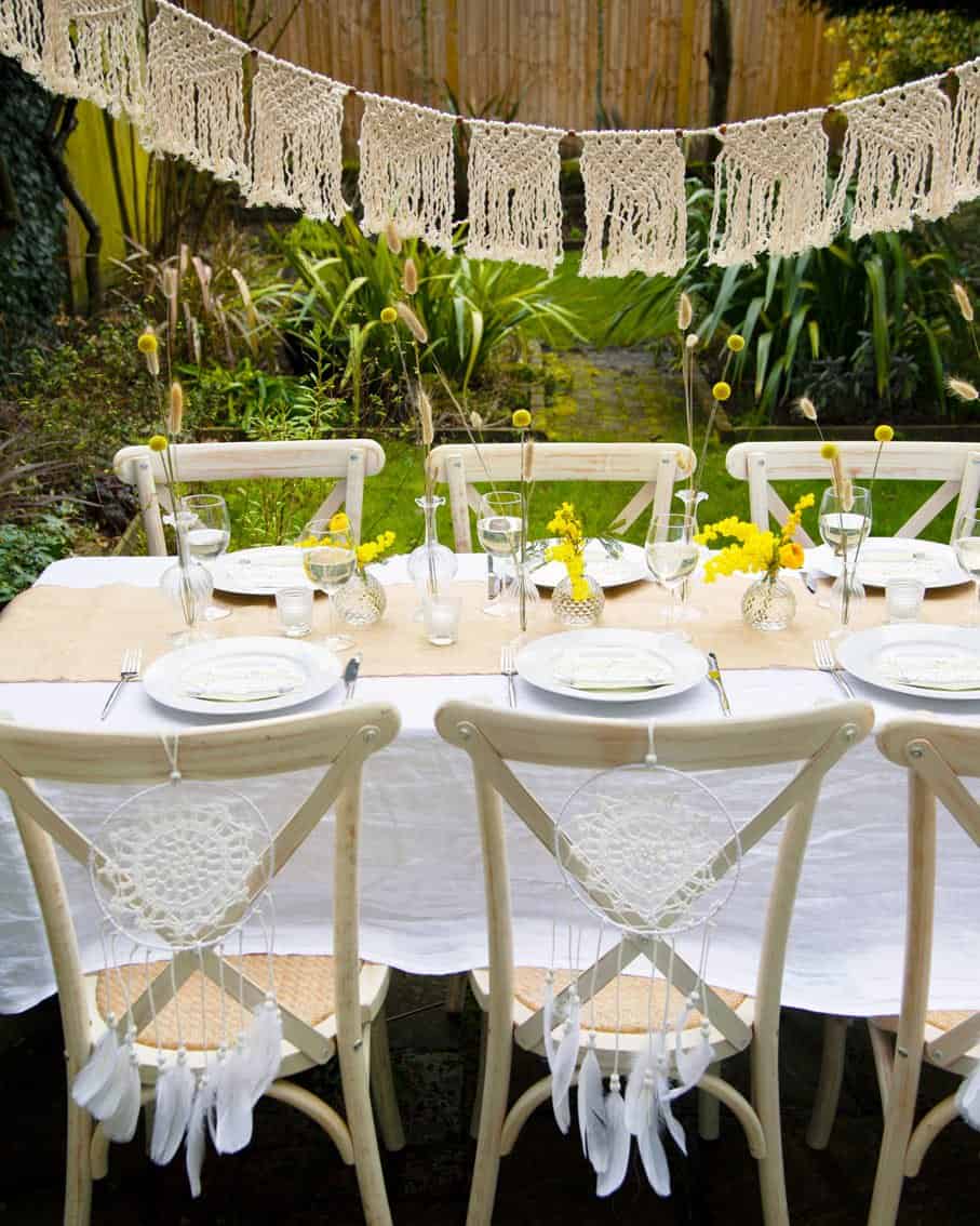 Boho Knit Garland at a backyard boho baby shower