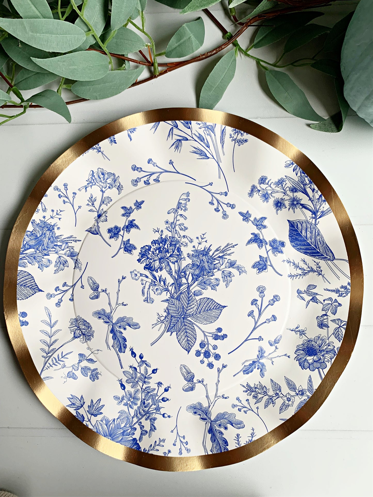 Blue Toile Paper Plates with Gold Foil - 10.5" Wavy Edge Dinner Plates (8 Pack)