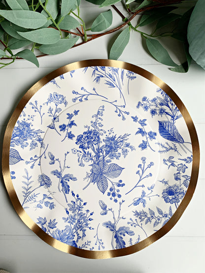 Blue Toile Paper Plates with Gold Foil - 10.5" Wavy Edge Dinner Plates (8 Pack)