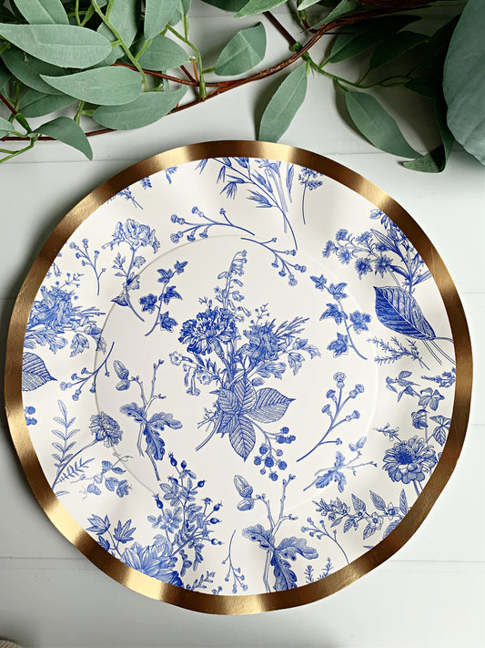 Blue Toile Paper Plates with Gold Foil - 10.5" Wavy Edge Dinner Plates (8 Pack)