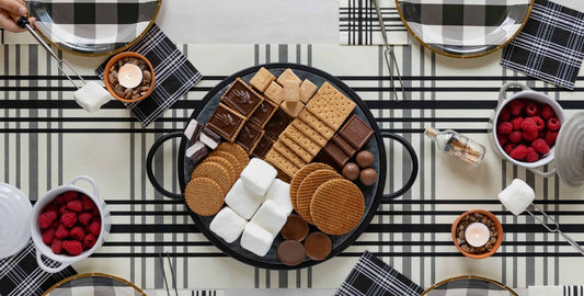 S'mores Party Background - with our Plaid Paper Table runner perfect for a fall wedding celebration or backyard party