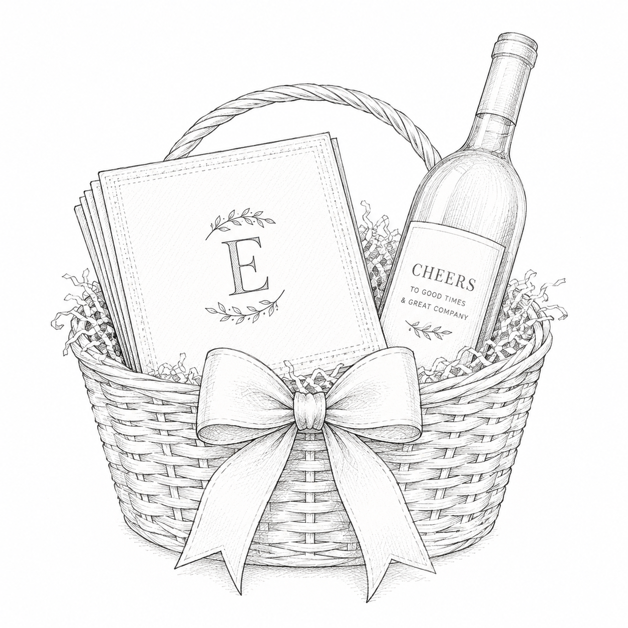 Illustration of a beautifully wrapped hostess gift basket with designer EnFete cocktail napkins and wine, perfect for housewarming gifts, dinner parties, and holiday entertaining.