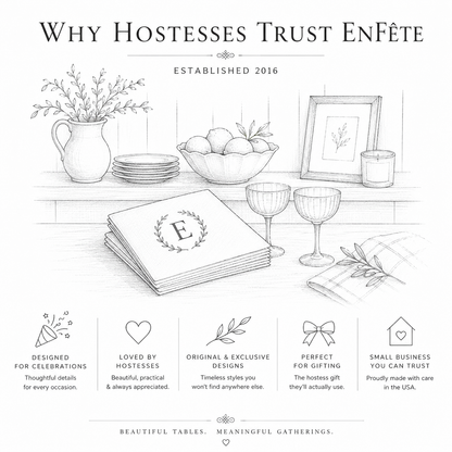A monochrome promotional graphic with the headline 'Why Hostesses Trust EnFète' and 'Established 2016,' plus a line-drawn tabletop scene with a stack of plates, designer cocktail napkins, glasses, flowers, and a framed print. Below, five feature callouts read: Designed for celebrations, Loved by hostesses, Original & exclusive designs, Perfect for gift-ing, and Small business you can trust.