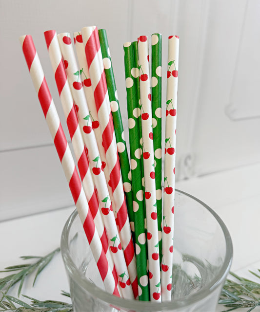 Cherry Paper Straws – Set of 12 | Polka Dot & Red Stripe Mix