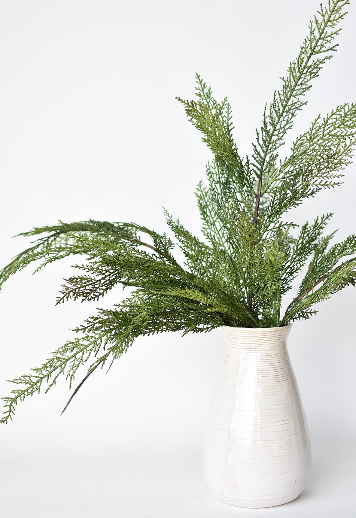 Green pine bows  in a white vase on a light gray background