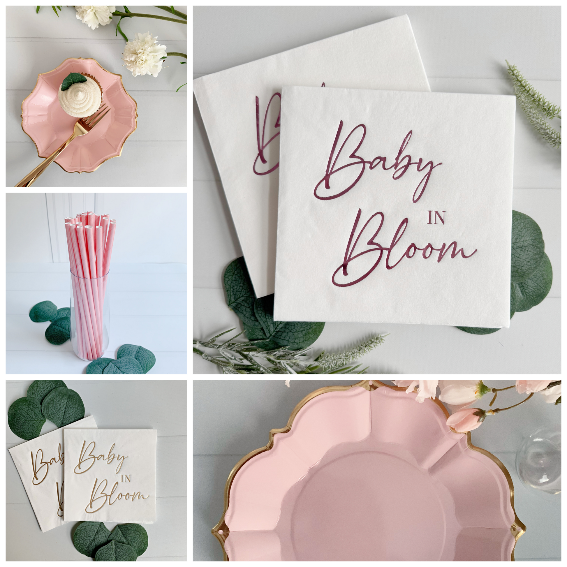 Collage of baby shower-themed items including pink plates, high quality ‘Baby in Bloom' napkins, and greenery.
