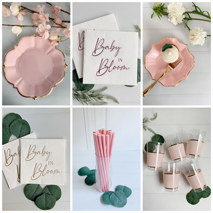 Collage of baby shower-themed items including pink plates, 'Baby in Bloom' cards, and straws.