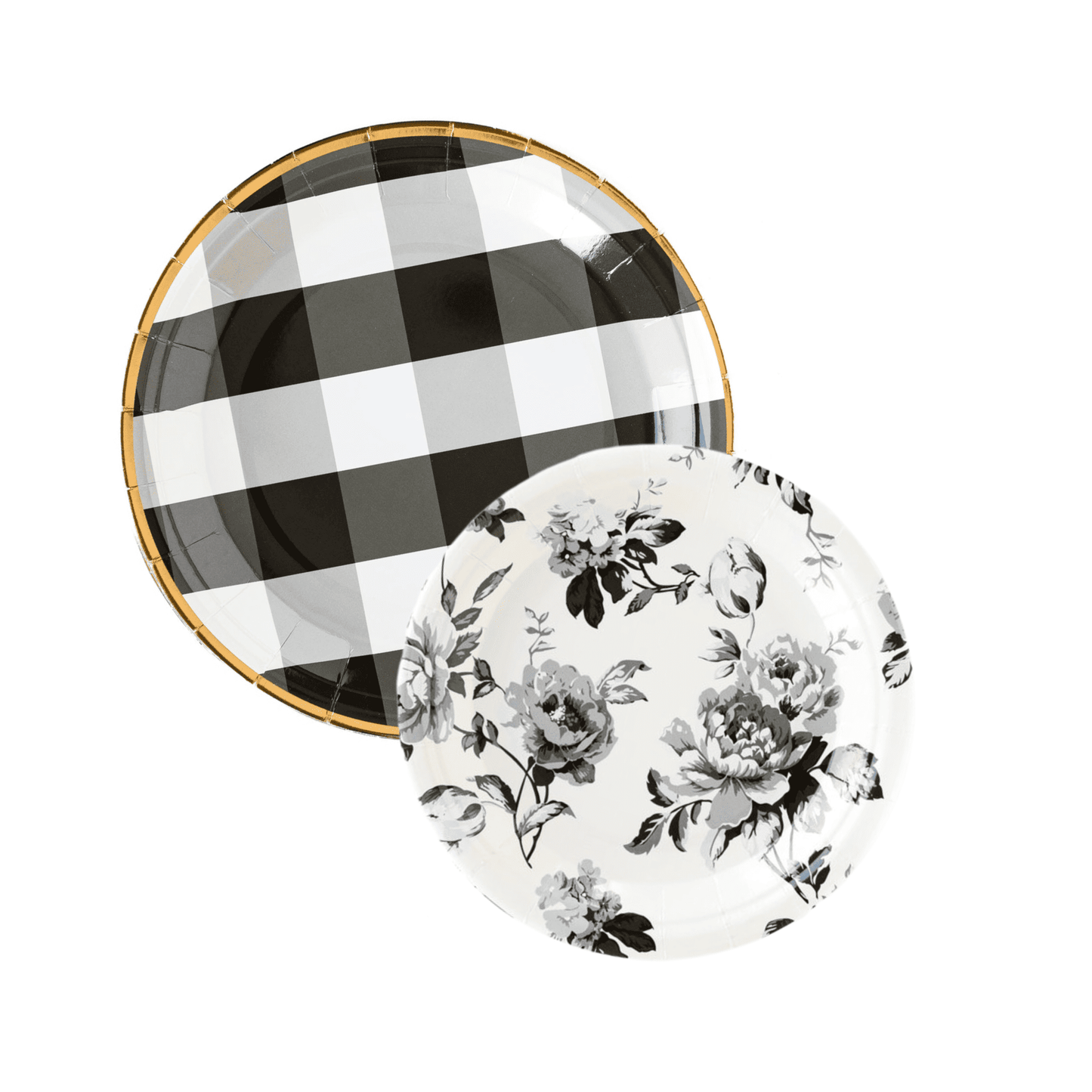 Black and White Buffalo Check and Floral Paper Plates