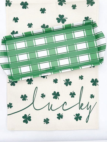 Green Plaid Gingham Melamine Party Tray – 15.25" Reusable Serving Tray for Appetizers | EnFete Party