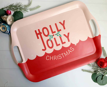 Perfect decorative tray for a holiday party, hostess gift, in a fun mid-century style pattern with "Holly Jolly" in the middle of the tray.