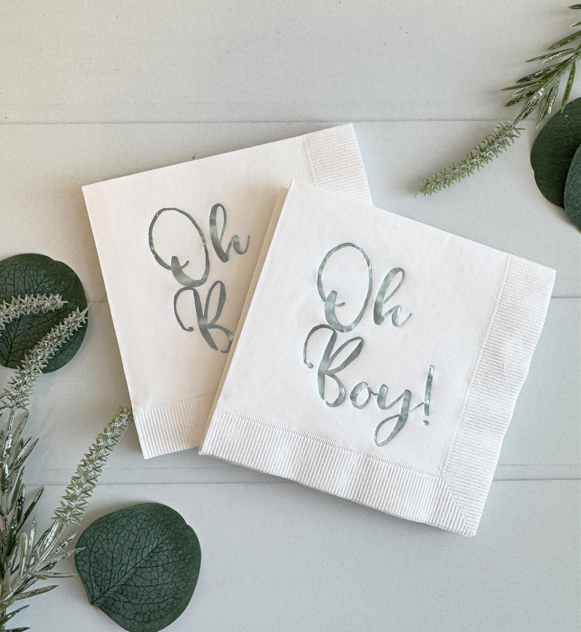 Oh Boy Baby Shower Napkins - Light Blue Foil on White Cocktail Napkins (16 Pack) - slightly imperfect printing