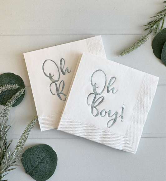 Oh Boy Baby Shower Napkins - Light Blue Foil on White Cocktail Napkins (16 Pack) - slightly imperfect printing