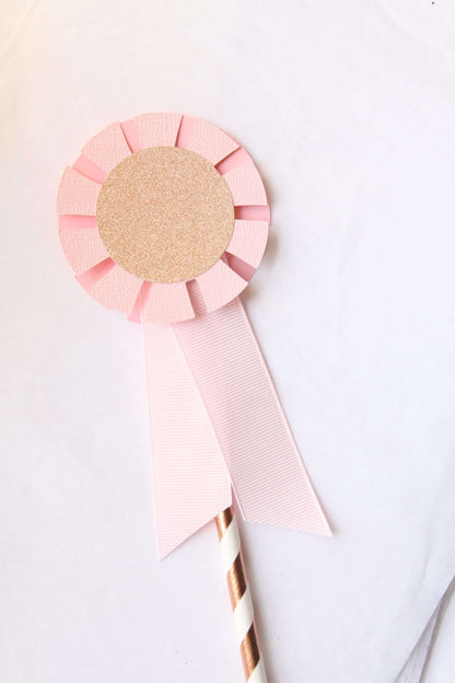 Pink pony party horse show ribbon cake toppers in rose gold and blush