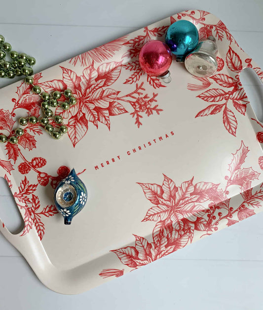 Gorgeous bamboo red and cream Christmas serving tray with a red botanical pattern and MERRY CHRISTMAS in the center. Perfect for a holiday party, pot-luck, or Christmas! These trays (or platters) are the perfect eco-friendly serveware.