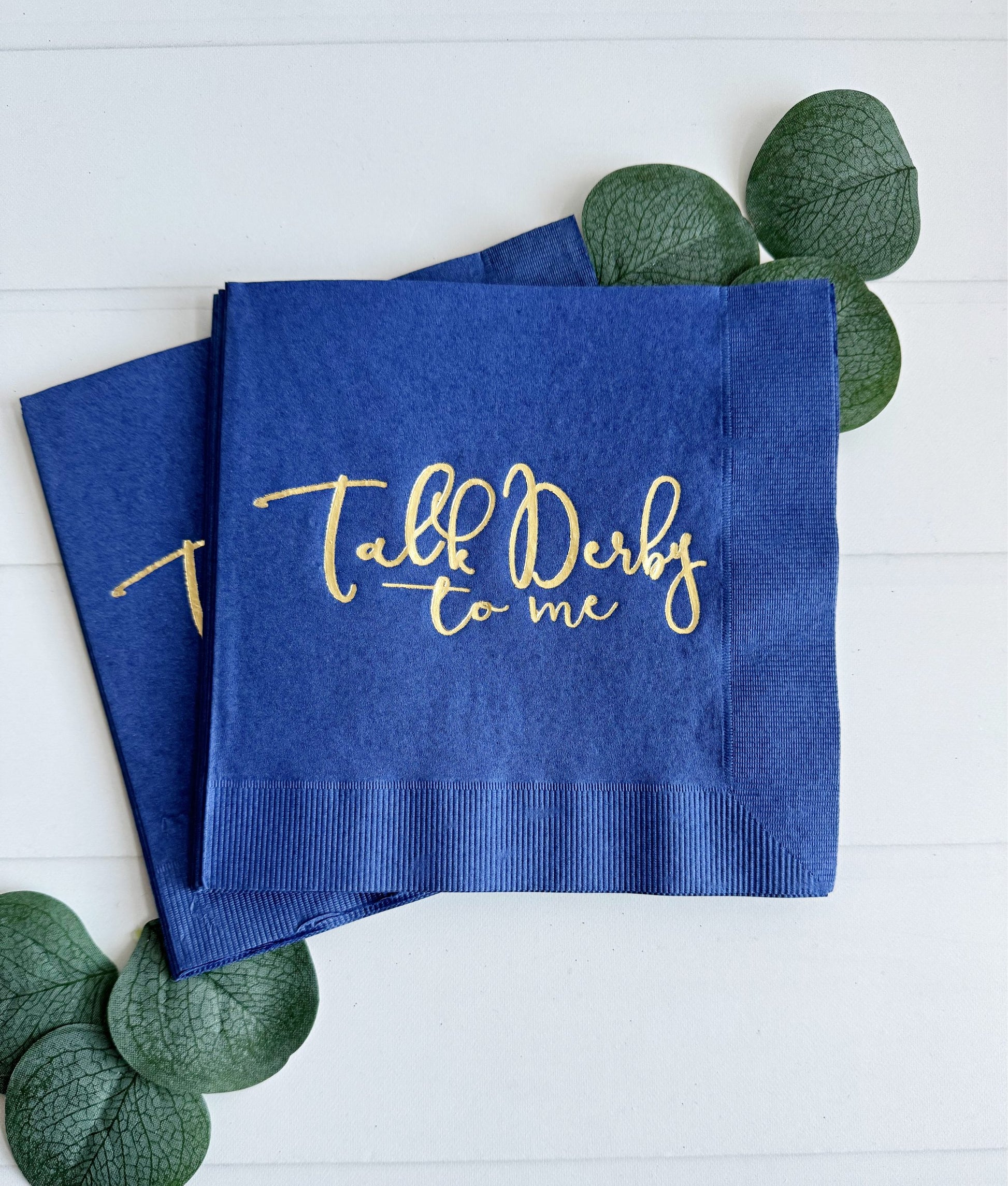 Navy Talk Derby to Me luncheon napkin for a Kentucky Derby party or bridal shower.