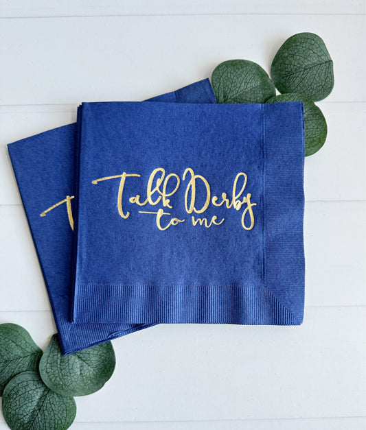 Navy Talk Derby to Me luncheon napkin for a Kentucky Derby party or bridal shower.