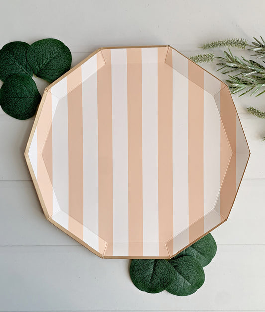 Peach Cabana Striped Paper Dinner Plates - Gold Edged, Set of 8