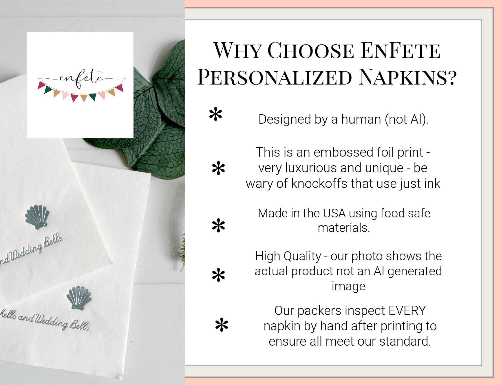 Promotional graphic for EnFete personalized napkins, showing a white napkin with a gray seashell and script text, a logo card, and a large text panel explaining the benefits of choosing EnFete personalized napkins.