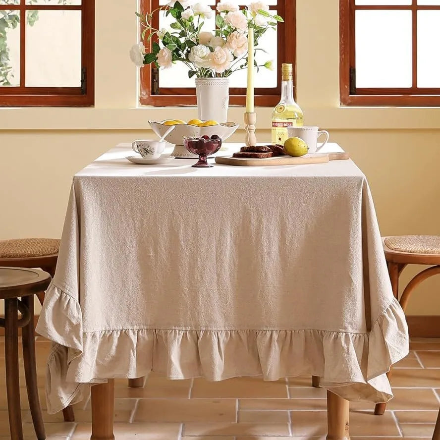 Luxurious Cotton Tablecloth Ruffled Edge - Progressive Dinner Home Entertaining Hospitality Table Linen