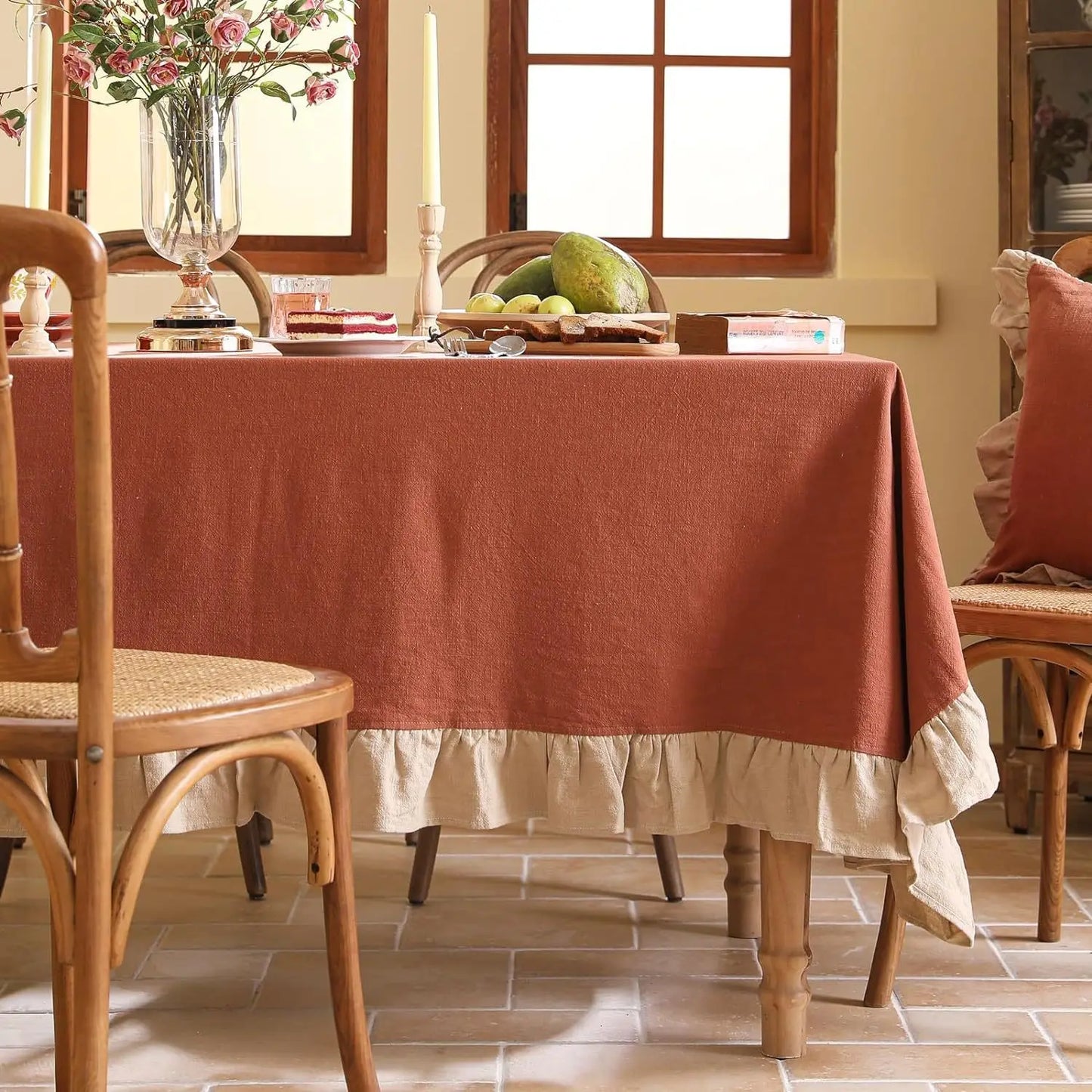 Luxurious Cotton Tablecloth Ruffled Edge - Progressive Dinner Home Entertaining Hospitality Table Linen