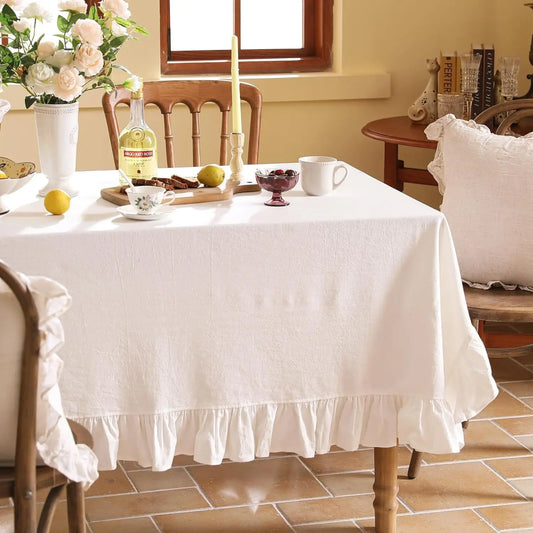 Luxurious Cotton Tablecloth Ruffled Edge - Progressive Dinner Home Entertaining Hospitality Table Linen