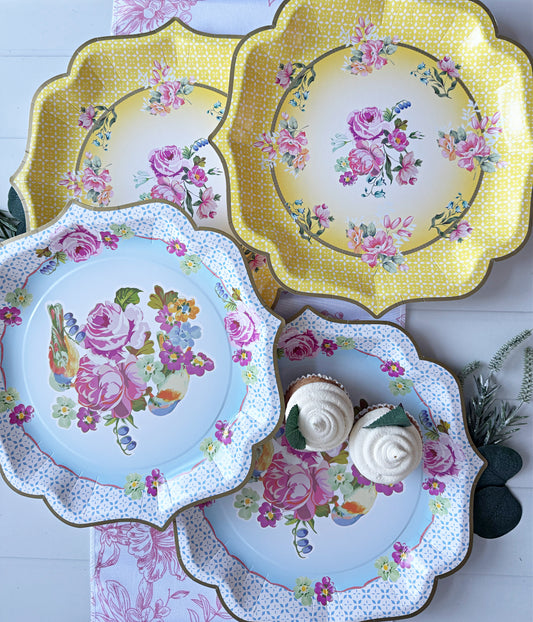 Tea Party Serving Platters - Floral Paper Trays for Alice in Wonderland & Baby Showers (4-Pack)
