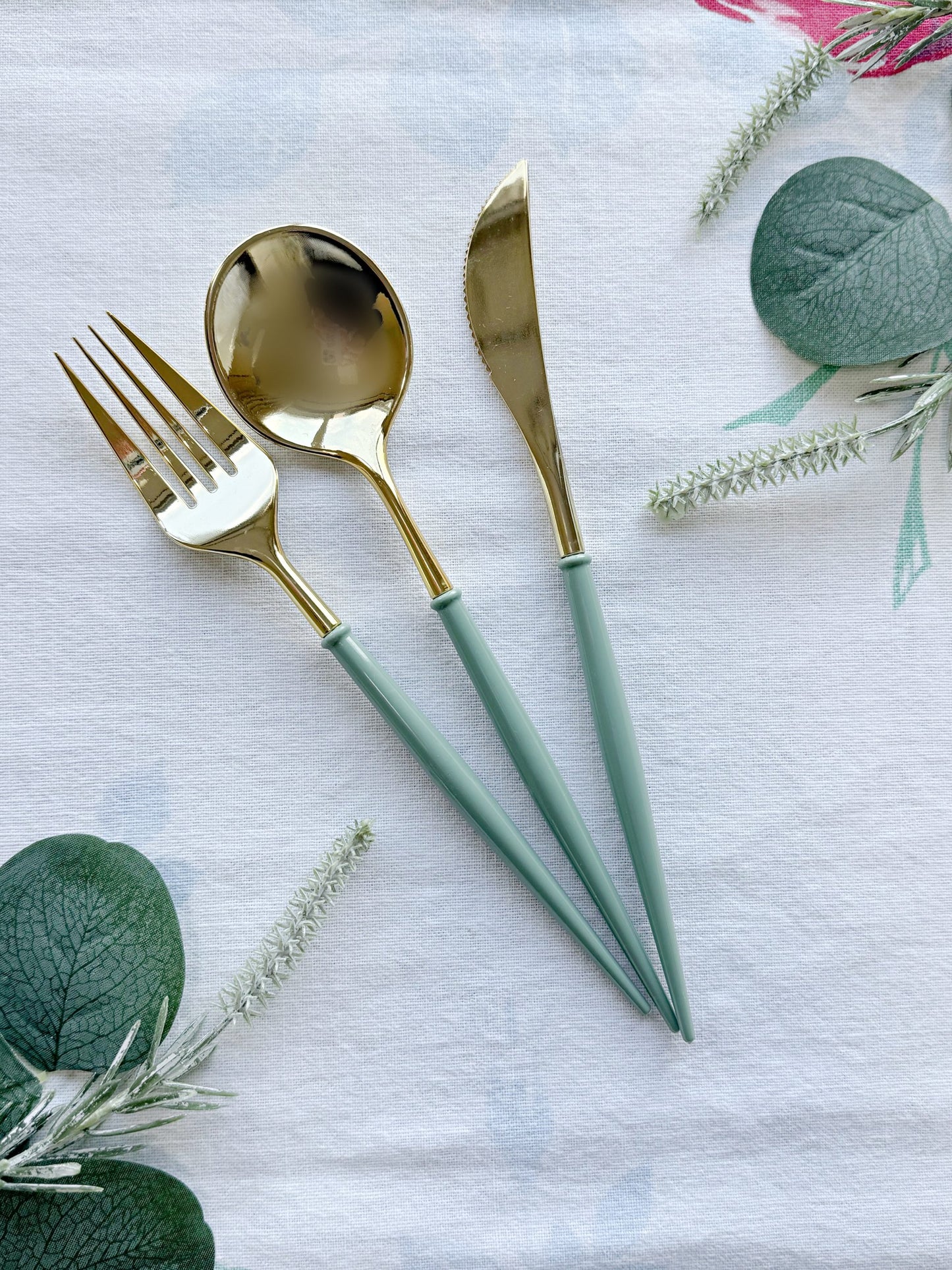 Dusty Sage  Green and Gold Modern Utensils - Plastic Disposable