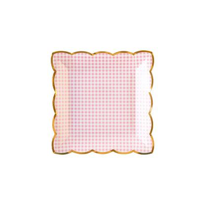 Pink Gingham Scalloped Plates - Gold Edges