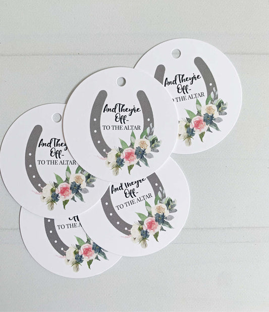 And They're Off to the Altar Derby Bridal Shower Favor Tags - Blush & Blue