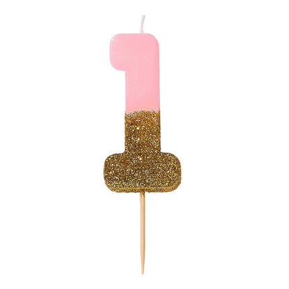 Pink & Gold Glitter Number 1 Birthday Candle | First Birthday Cake Candle