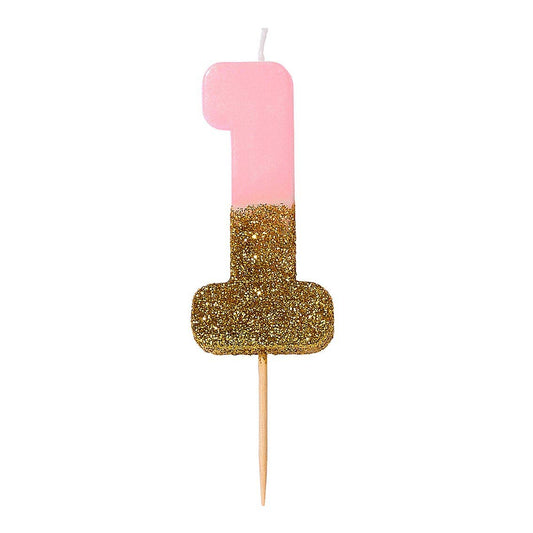 Pink & Gold Glitter Number 1 Birthday Candle | First Birthday Cake Candle