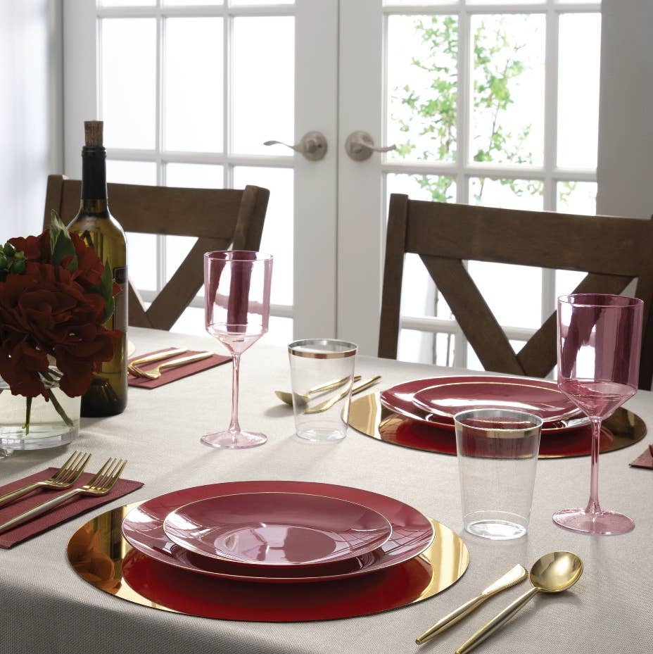 Cranberry Red Plastic Plates with Gold Rim 7.5" - Premium Appetizer Dessert Plates 10 Pack