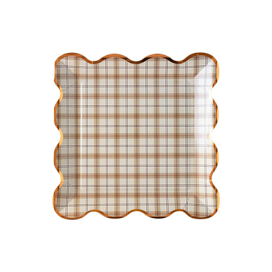 Fall Plaid Scalloped Paper Dinner Plates with Copper Foil Edges