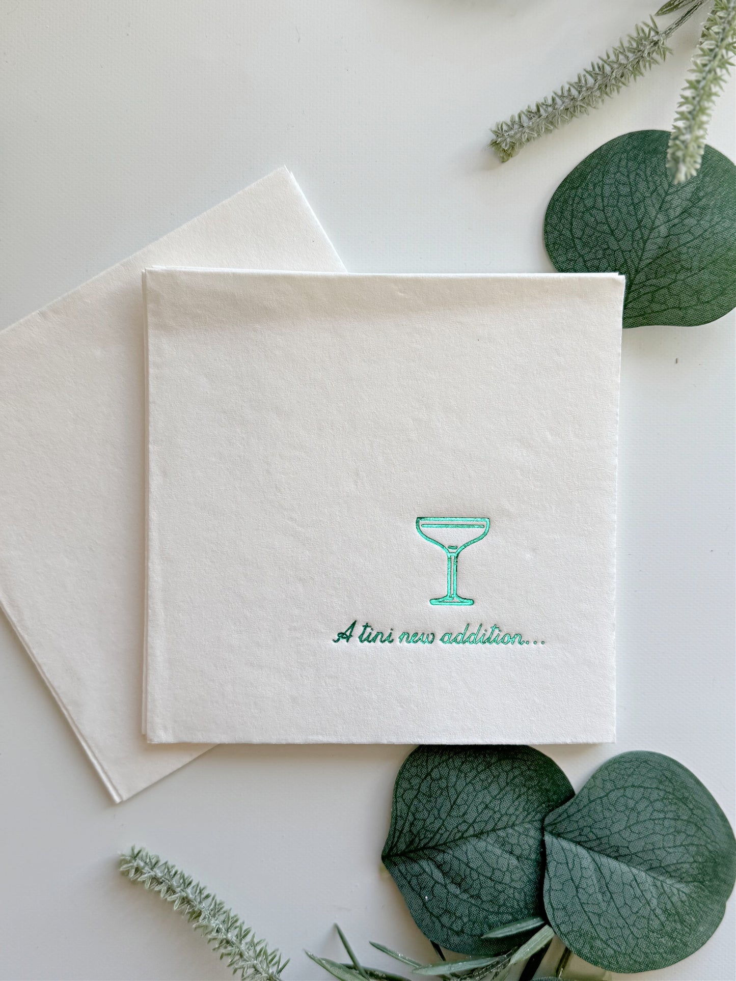 A Tini New Addition Cocktail Napkins - Green Foil on White - Baby Shower Napkins Set of 20