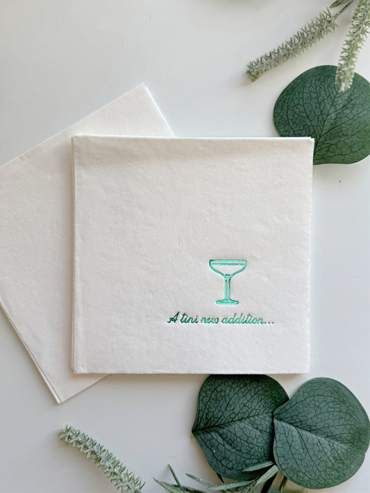 A Tini New Addition Cocktail Napkins - Green Foil on White - Baby Shower Napkins Set of 20