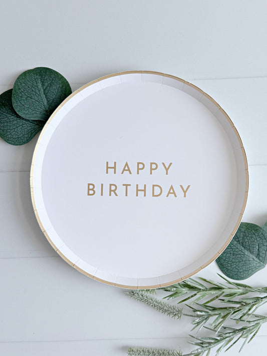 Happy Birthday Cake Plates - White & Gold