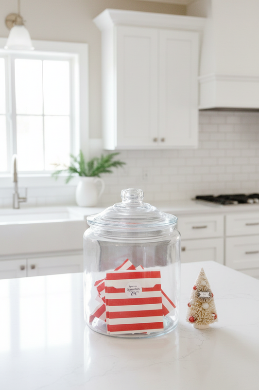 Advent Jar with Red Striped Bags in White Kitchen