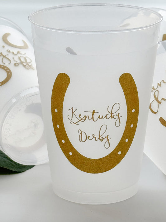 Kentucky Derby 12 ounce Frosted Cups - Gold Horseshoe Frosted Cups