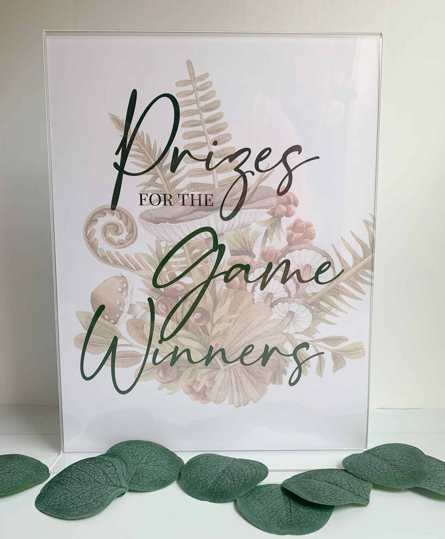 Make your game winners feel extra special with our delightful PRINTED Prizes for Game Winners Woodland Mushroom Sign. Featuring an enchanting woodland mushroom watercolor illustration and forest green lettering, this sign adds a touch of whimsy and charm to your event. Shop matching baby shower games separately!
