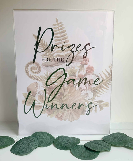 Make your game winners feel extra special with our delightful PRINTED Prizes for Game Winners Woodland Mushroom Sign. Featuring an enchanting woodland mushroom watercolor illustration and forest green lettering, this sign adds a touch of whimsy and charm to your event. Shop matching baby shower games separately!