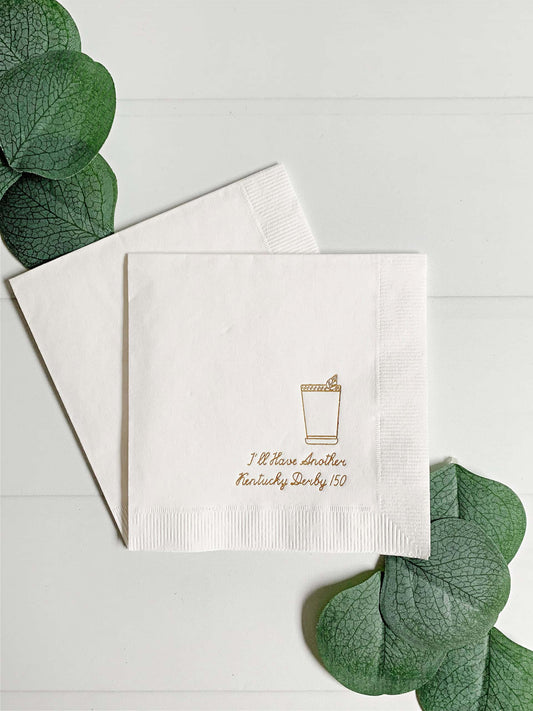 Derby 150 Cocktail Napkins - White with Gold