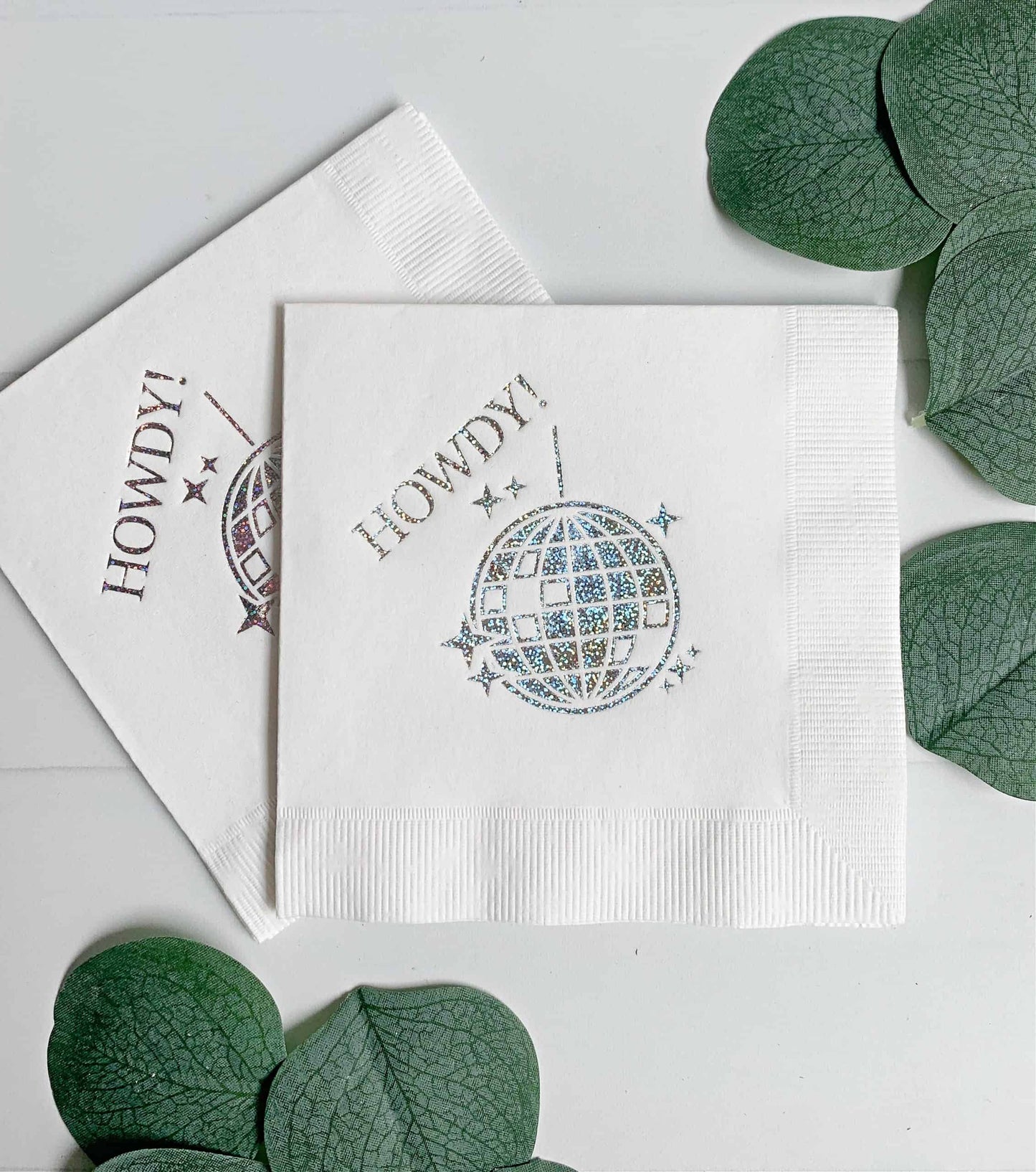 Howdy Disco Ball Cocktail Napkins-Silver on White