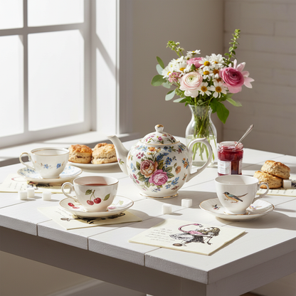 Alice in Wonderland napkins lifestyle shot with vintage teapot and cups
